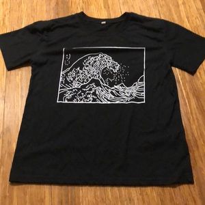 black shirt with graphic wave design